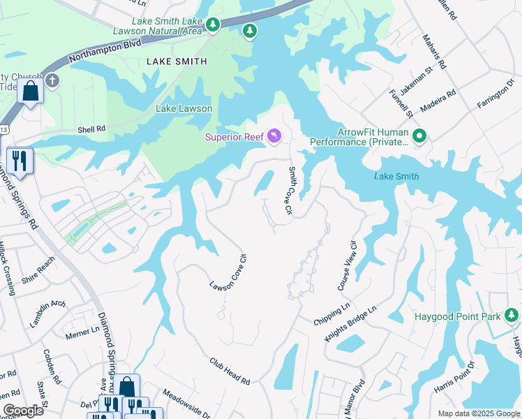 map of restaurants, bars, coffee shops, grocery stores, and more near 1269 Foursome Lane in Virginia Beach