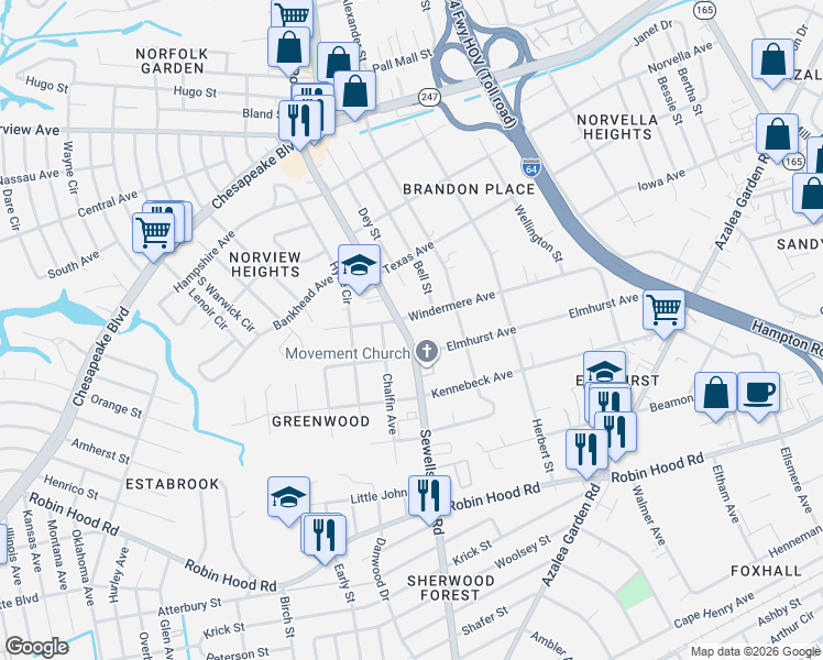 map of restaurants, bars, coffee shops, grocery stores, and more near 3321 Sewells Point Road in Norfolk