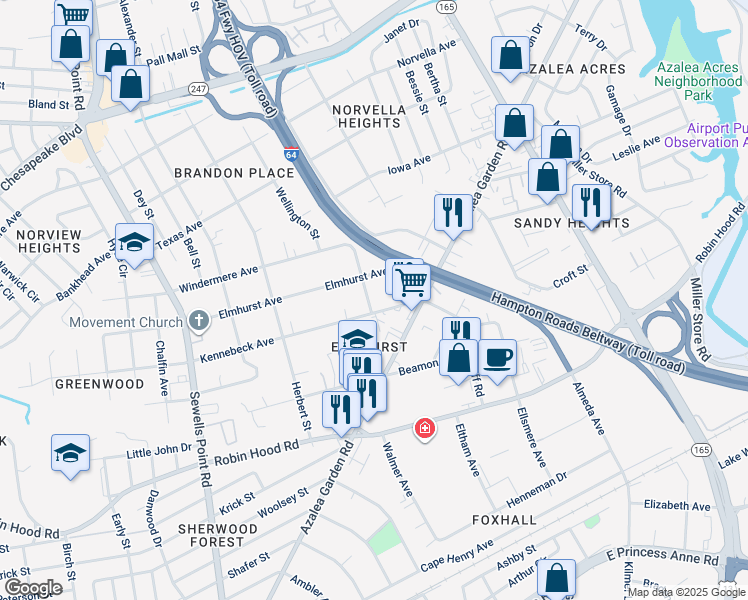 map of restaurants, bars, coffee shops, grocery stores, and more near 3214 Thomas Street in Norfolk