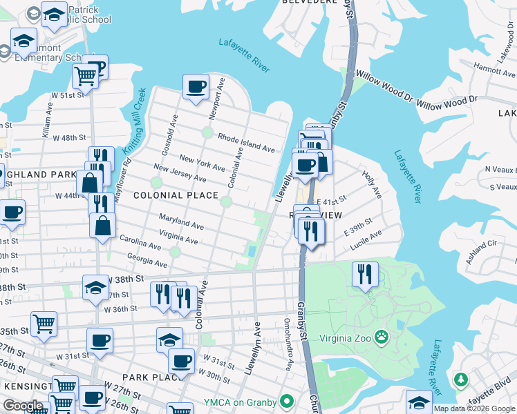 map of restaurants, bars, coffee shops, grocery stores, and more near 410 Delaware Avenue in Norfolk