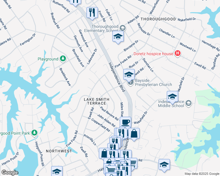 map of restaurants, bars, coffee shops, grocery stores, and more near 1305 Ewell Road in Virginia Beach