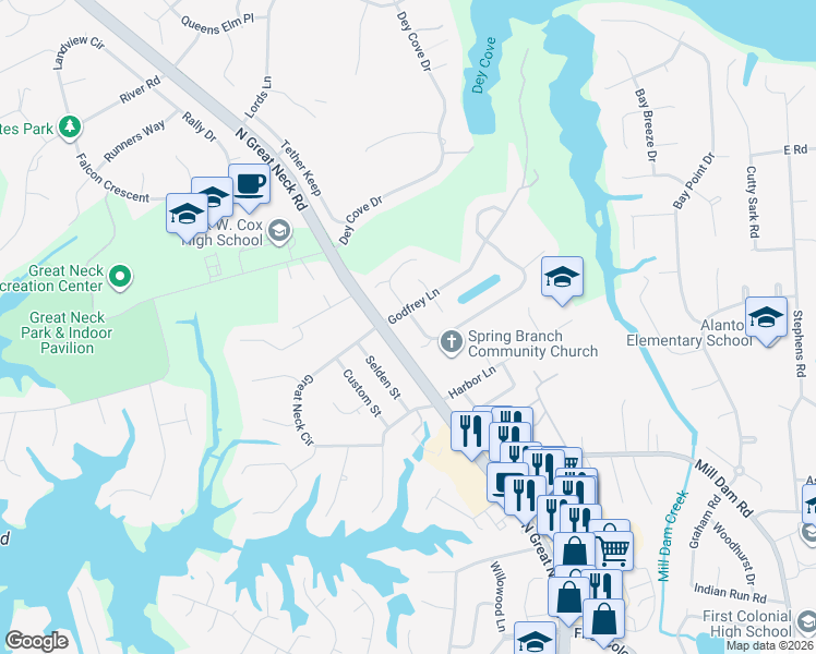 map of restaurants, bars, coffee shops, grocery stores, and more near 2297 Souverain Lane in Virginia Beach