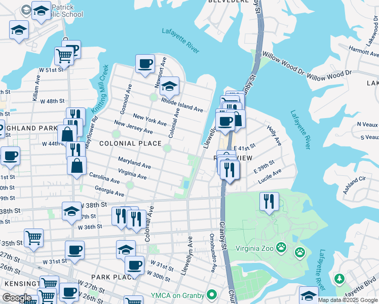 map of restaurants, bars, coffee shops, grocery stores, and more near 430 Delaware Avenue in Norfolk