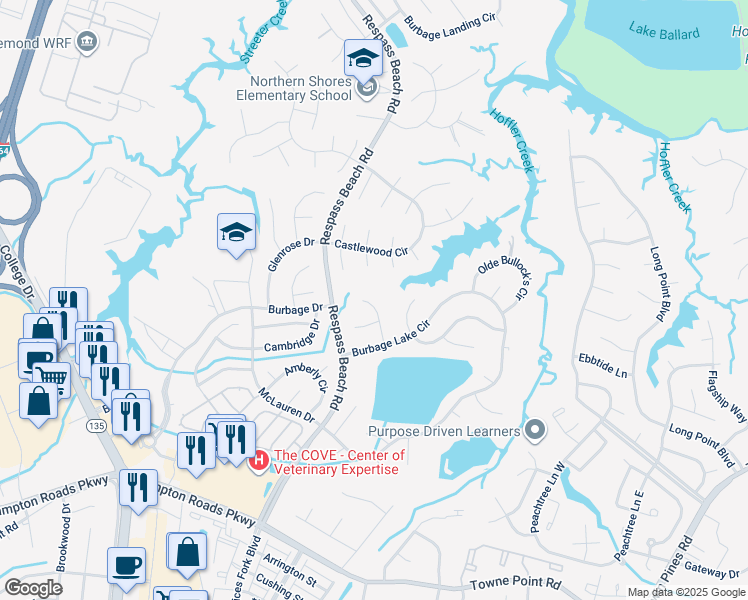 map of restaurants, bars, coffee shops, grocery stores, and more near 6414 Wet Marsh Court in Suffolk