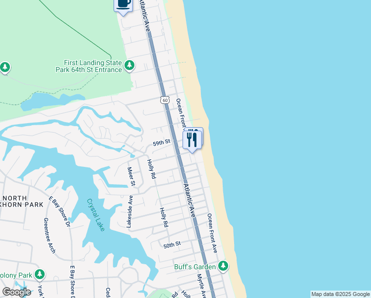 map of restaurants, bars, coffee shops, grocery stores, and more near 107 57th Street in Virginia Beach