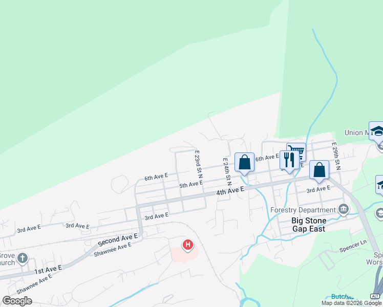 map of restaurants, bars, coffee shops, grocery stores, and more near 217 East 23rd Street North in Big Stone Gap