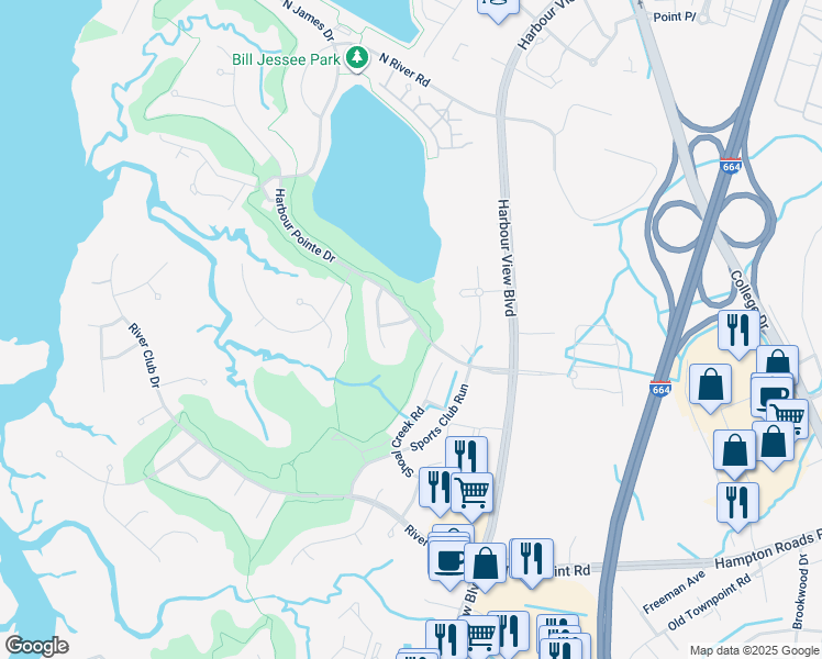map of restaurants, bars, coffee shops, grocery stores, and more near 6207 Springhill Way in Suffolk
