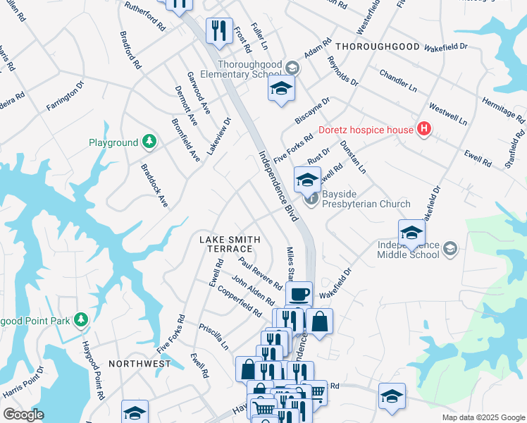 map of restaurants, bars, coffee shops, grocery stores, and more near 1305 Ewell Road in Virginia Beach