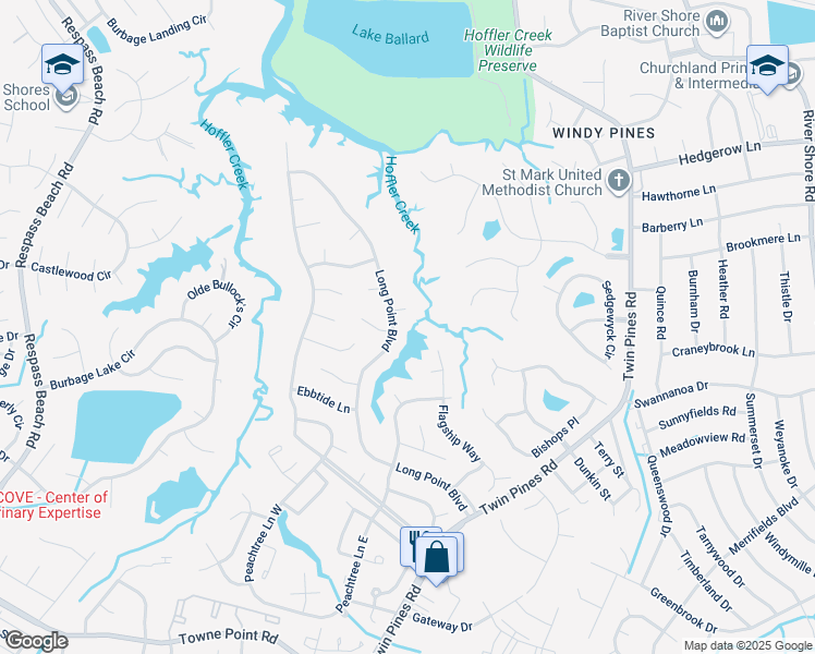 map of restaurants, bars, coffee shops, grocery stores, and more near 3979 Long Point Boulevard in Portsmouth