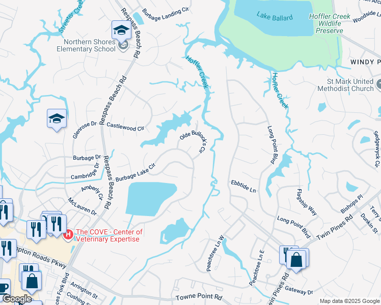map of restaurants, bars, coffee shops, grocery stores, and more near 6400 Crosswinds Court in Suffolk