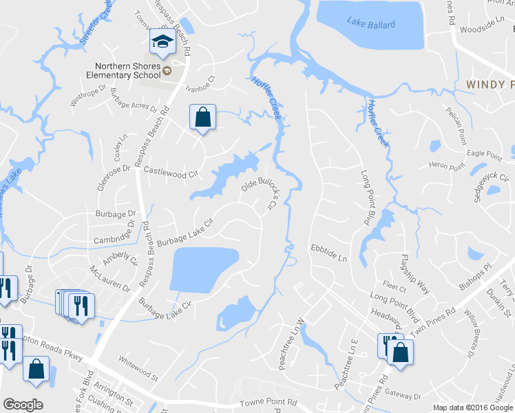 map of restaurants, bars, coffee shops, grocery stores, and more near 6400 Crosswinds Court in Suffolk