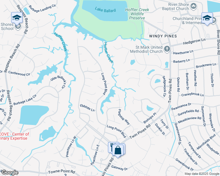 map of restaurants, bars, coffee shops, grocery stores, and more near 3975 Long Point Boulevard in Portsmouth