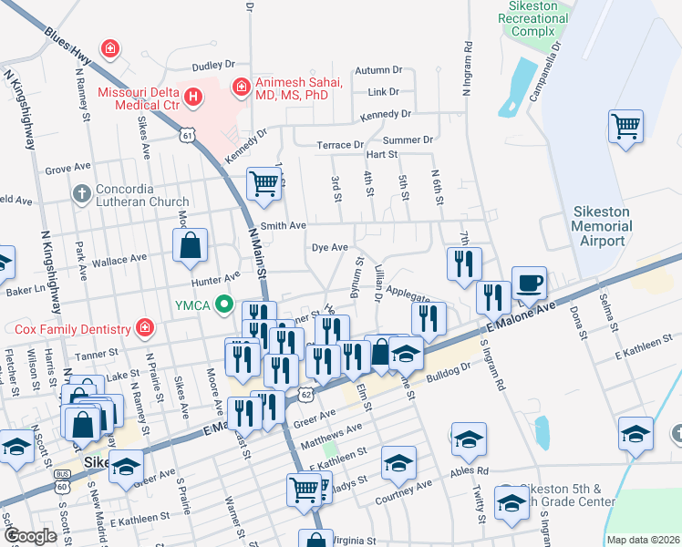 map of restaurants, bars, coffee shops, grocery stores, and more near 908 Tanner Street in Sikeston
