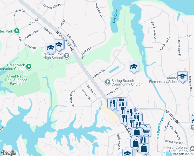 map of restaurants, bars, coffee shops, grocery stores, and more near 2297 Souverain Lane in Virginia Beach
