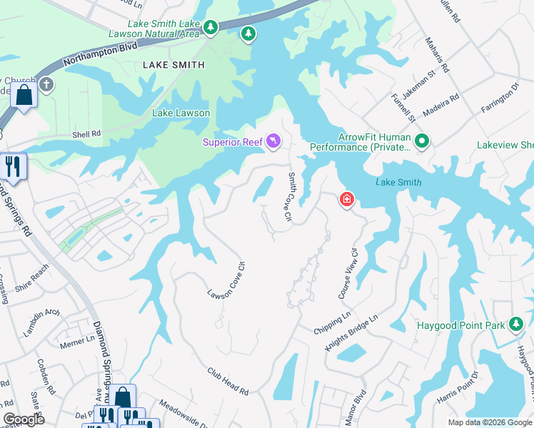 map of restaurants, bars, coffee shops, grocery stores, and more near 1269 Foursome Lane in Virginia Beach