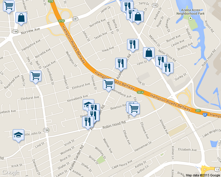 map of restaurants, bars, coffee shops, grocery stores, and more near 3303 Azalea Garden Road in Norfolk