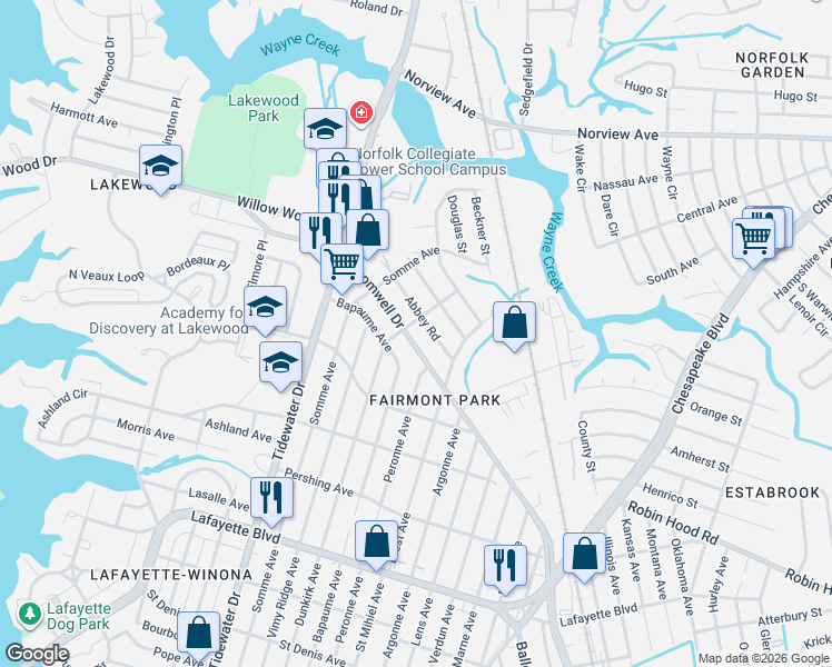map of restaurants, bars, coffee shops, grocery stores, and more near 2206 Cromwell Drive in Norfolk
