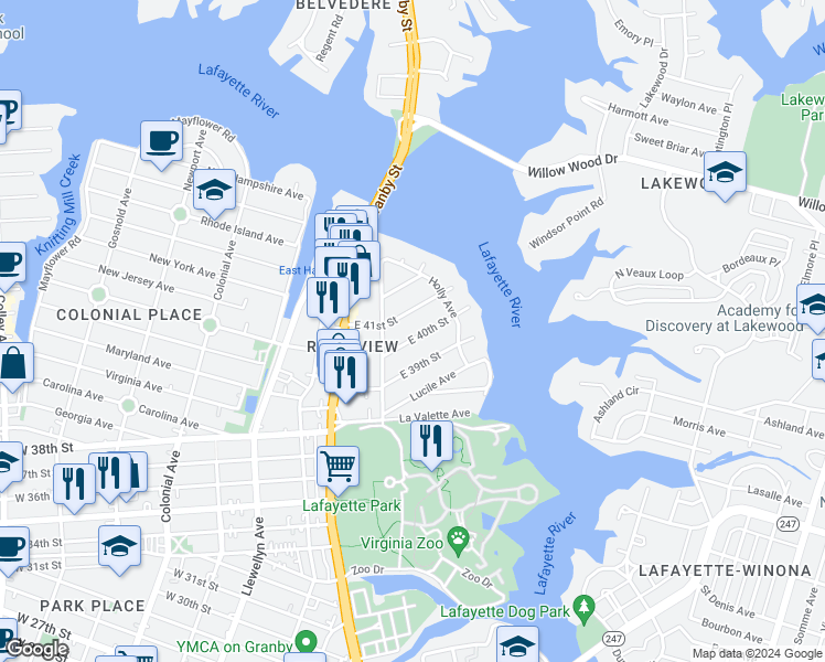 map of restaurants, bars, coffee shops, grocery stores, and more near in Norfolk