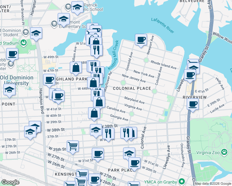 map of restaurants, bars, coffee shops, grocery stores, and more near 4300 Gosnold Avenue in Norfolk