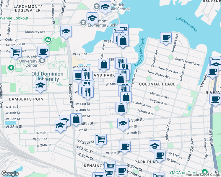 map of restaurants, bars, coffee shops, grocery stores, and more near 825 West 43rd Street in Norfolk