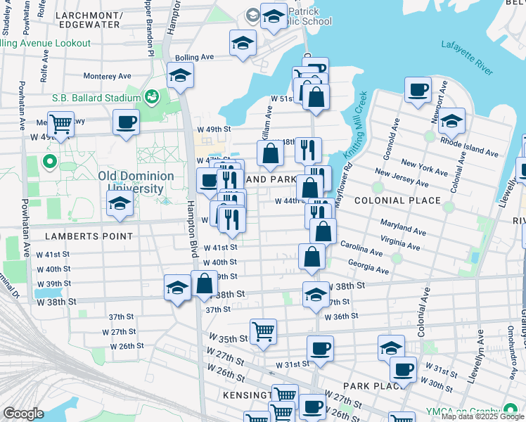 map of restaurants, bars, coffee shops, grocery stores, and more near 859 West 43rd Street in Norfolk