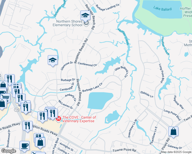map of restaurants, bars, coffee shops, grocery stores, and more near 6413 Pelican Crescent North in Suffolk