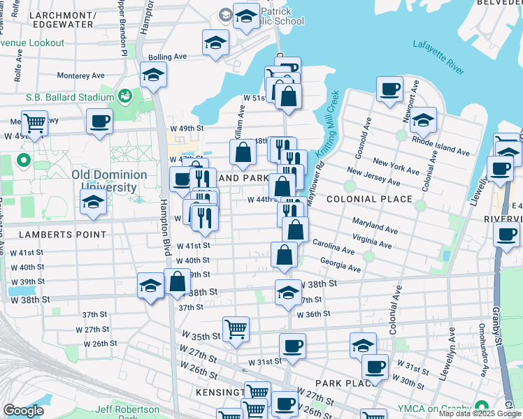 map of restaurants, bars, coffee shops, grocery stores, and more near 836 West 43rd Street in Norfolk