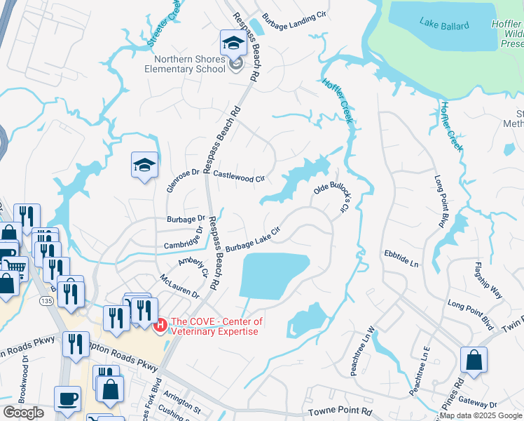 map of restaurants, bars, coffee shops, grocery stores, and more near 6413 Pelican Crescent North in Suffolk