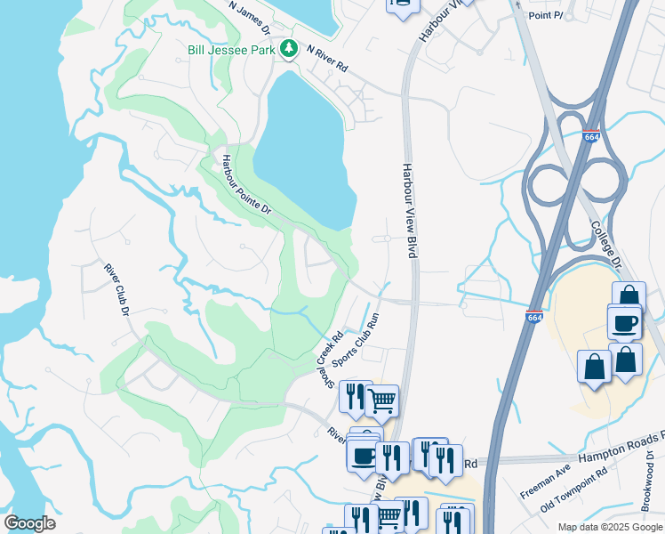 map of restaurants, bars, coffee shops, grocery stores, and more near 6207 Springhill Way in Suffolk