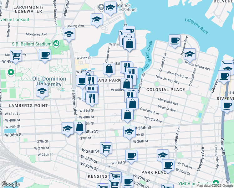map of restaurants, bars, coffee shops, grocery stores, and more near 836 West 43rd Street in Norfolk