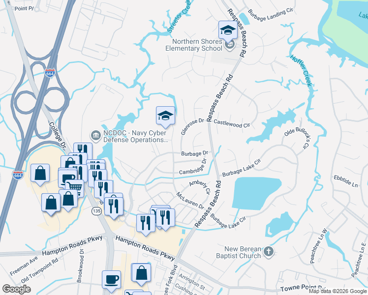 map of restaurants, bars, coffee shops, grocery stores, and more near 6201 Calvert Court in Suffolk
