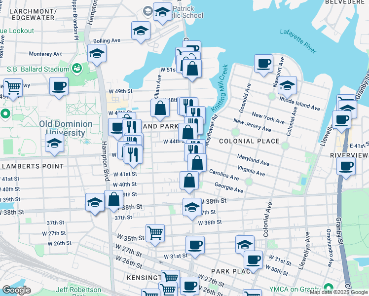 map of restaurants, bars, coffee shops, grocery stores, and more near 812 West 43rd Street in Norfolk