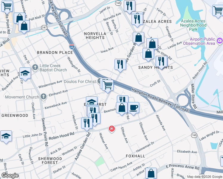 map of restaurants, bars, coffee shops, grocery stores, and more near 3303 Azalea Garden Road in Norfolk
