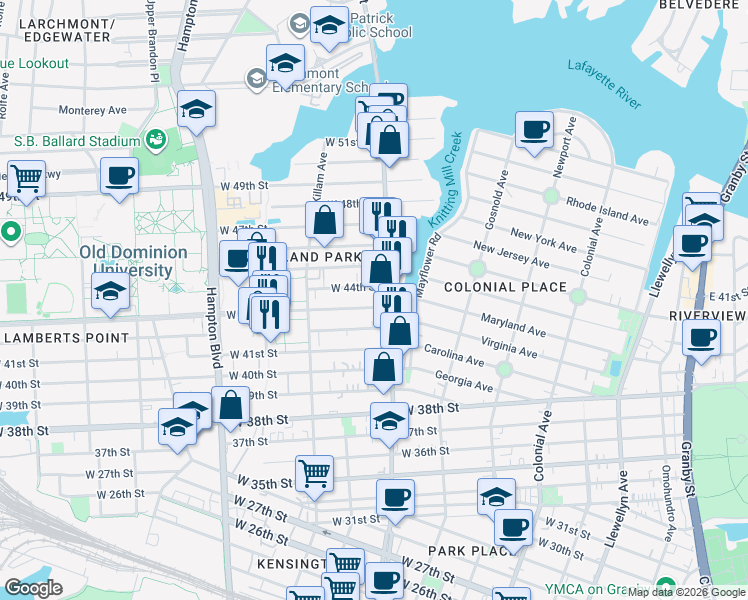 map of restaurants, bars, coffee shops, grocery stores, and more near 812 West 43rd Street in Norfolk