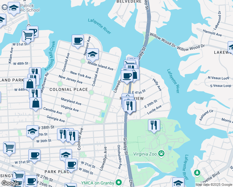 map of restaurants, bars, coffee shops, grocery stores, and more near 219 Delaware Avenue in Norfolk