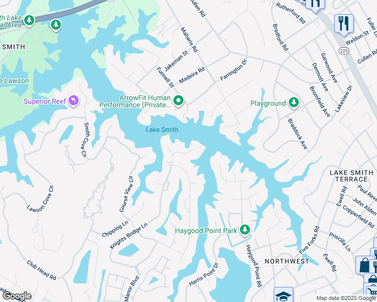 map of restaurants, bars, coffee shops, grocery stores, and more near 5236 Battersea Court in Virginia Beach