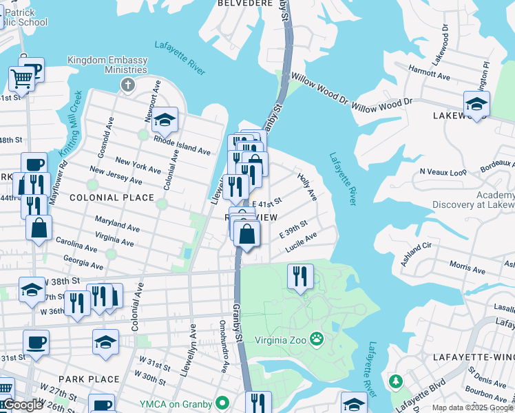 map of restaurants, bars, coffee shops, grocery stores, and more near 115 East 41st Street in Norfolk