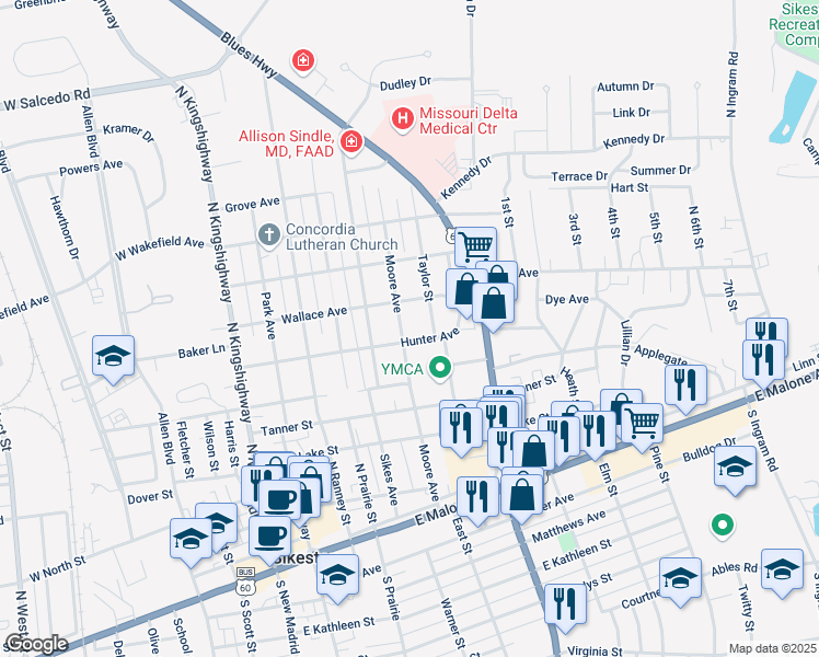 map of restaurants, bars, coffee shops, grocery stores, and more near 603 Taylor Street in Sikeston