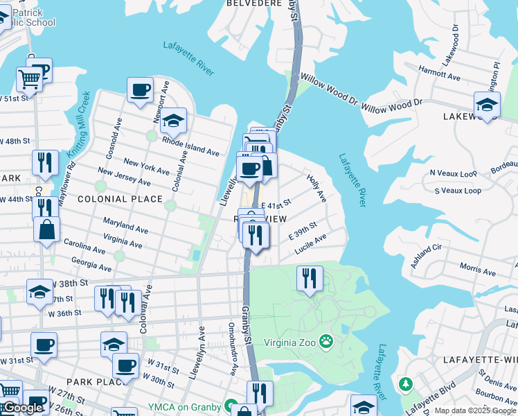 map of restaurants, bars, coffee shops, grocery stores, and more near in Norfolk