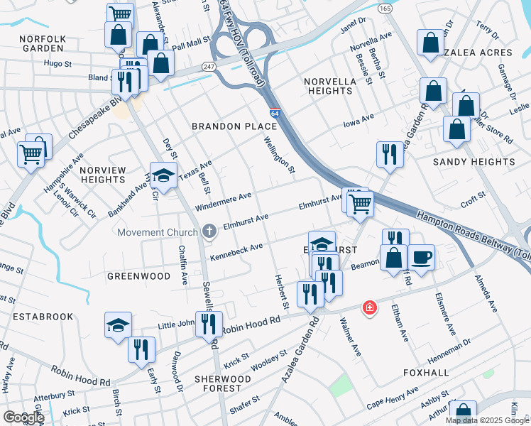 map of restaurants, bars, coffee shops, grocery stores, and more near 3300 Herbert Street in Norfolk