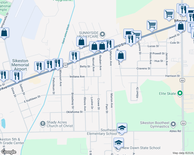 map of restaurants, bars, coffee shops, grocery stores, and more near 104 Comstock Street in Sikeston