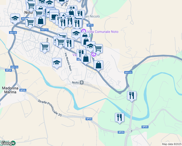 map of restaurants, bars, coffee shops, grocery stores, and more near Via Montevideo in Noto