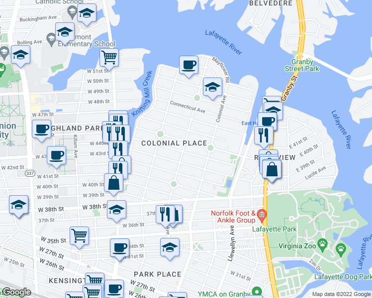map of restaurants, bars, coffee shops, grocery stores, and more near 4406 Newport Avenue in Norfolk