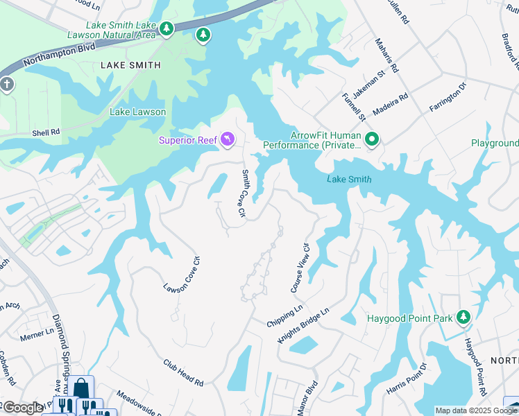 map of restaurants, bars, coffee shops, grocery stores, and more near 1236 Smith Cove Circle in Virginia Beach