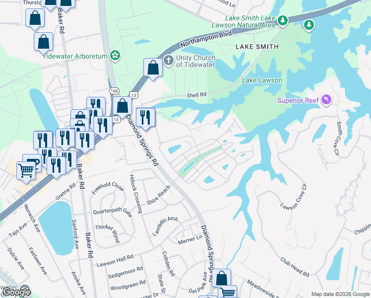 map of restaurants, bars, coffee shops, grocery stores, and more near 5628 Memorial Drive in Virginia Beach