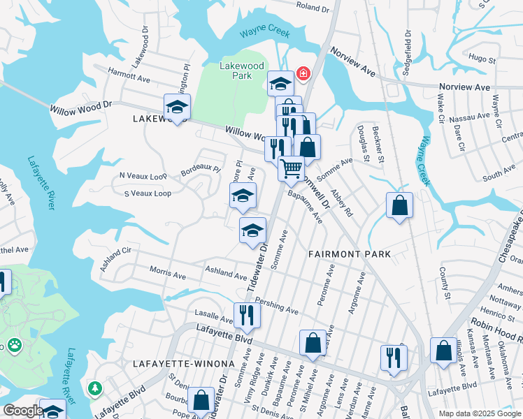 map of restaurants, bars, coffee shops, grocery stores, and more near 3424 Virginia 168 in Norfolk
