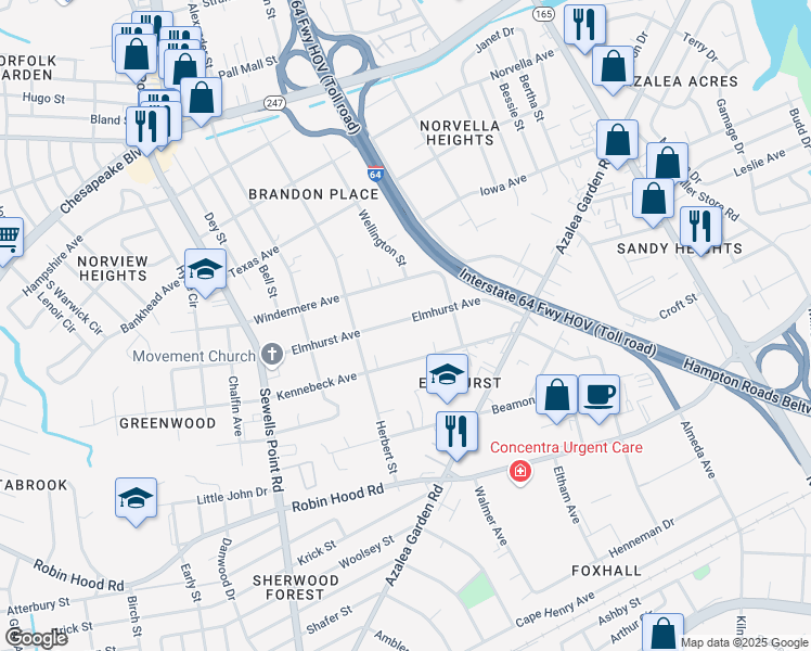 map of restaurants, bars, coffee shops, grocery stores, and more near 5141 Elmhurst Avenue in Norfolk