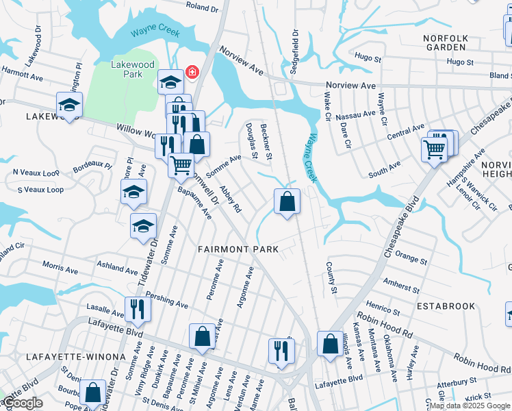 map of restaurants, bars, coffee shops, grocery stores, and more near 3538 Brest Avenue in Norfolk