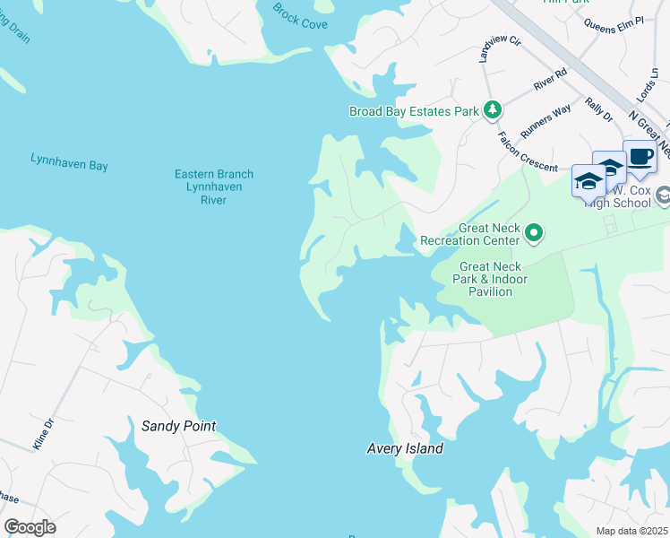map of restaurants, bars, coffee shops, grocery stores, and more near 1717 River Court in Virginia Beach