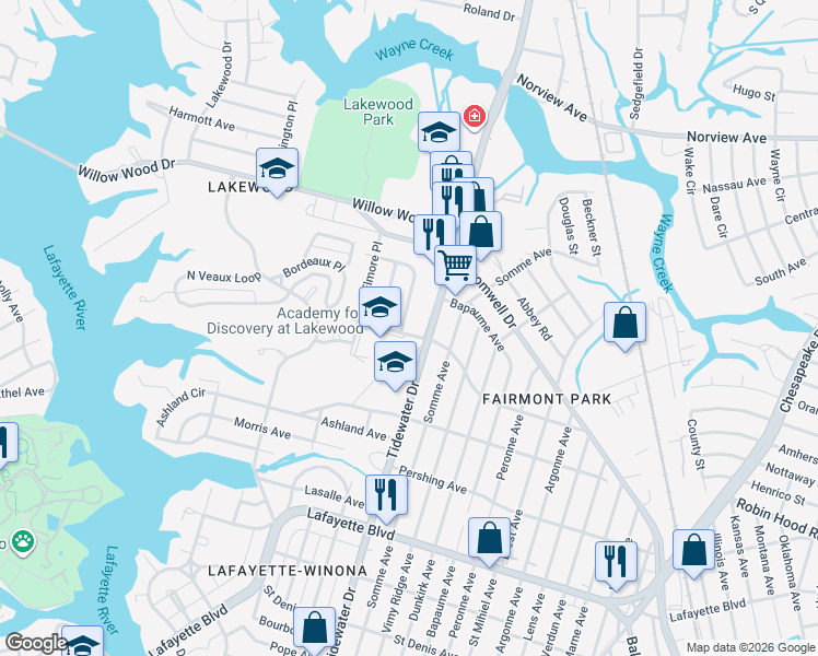 map of restaurants, bars, coffee shops, grocery stores, and more near 3424 Virginia 168 in Norfolk